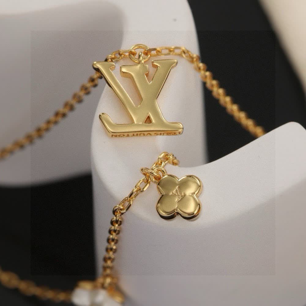 Louis Vuitton Double Layered Gold Chain Necklace with Pearl Charms